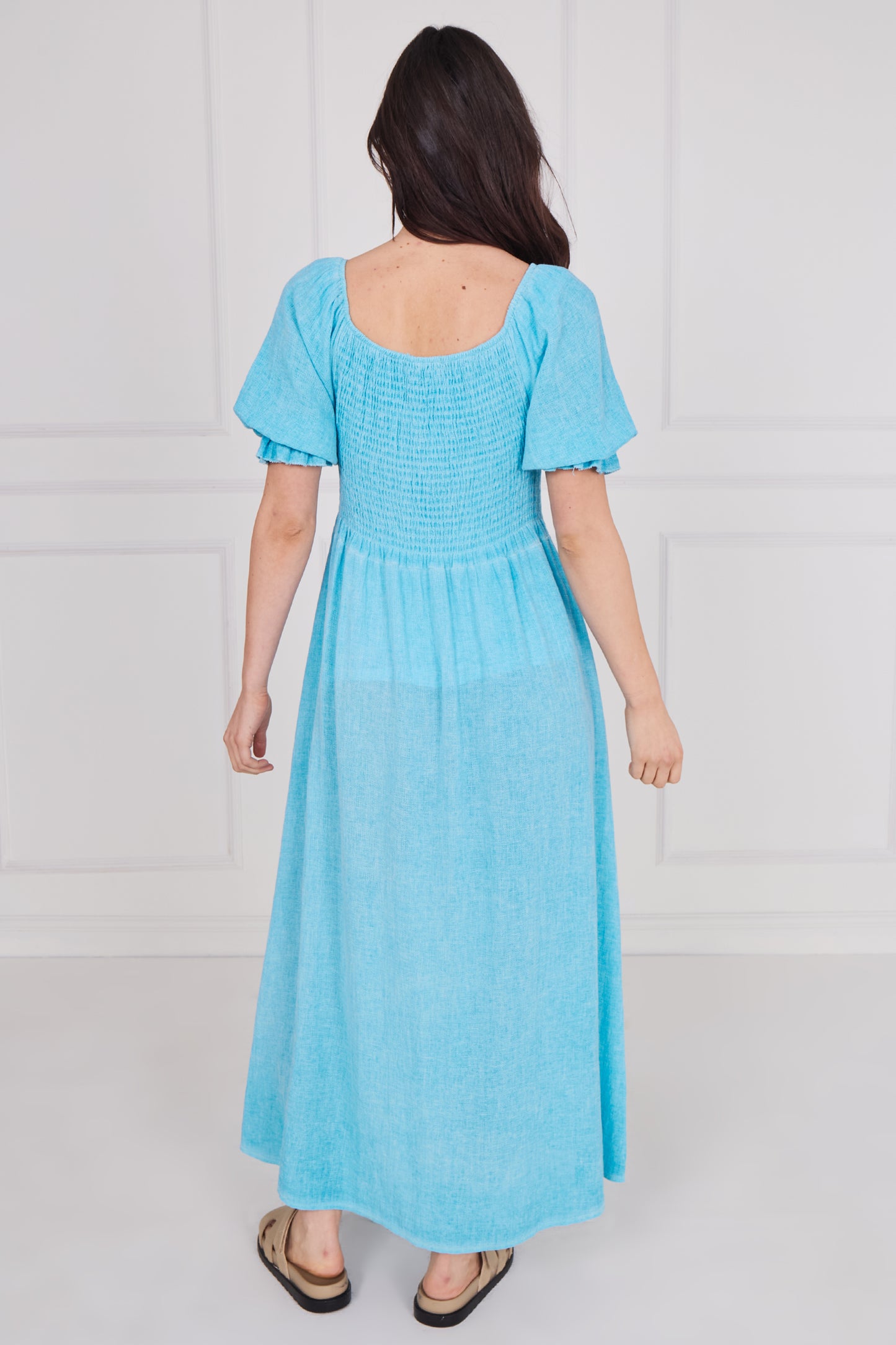 WASHED LINEN SHIRRED RUFFLE SLEEVE DRESS