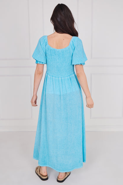 WASHED LINEN SHIRRED RUFFLE SLEEVE DRESS