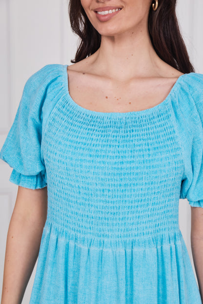 WASHED LINEN SHIRRED RUFFLE SLEEVE DRESS