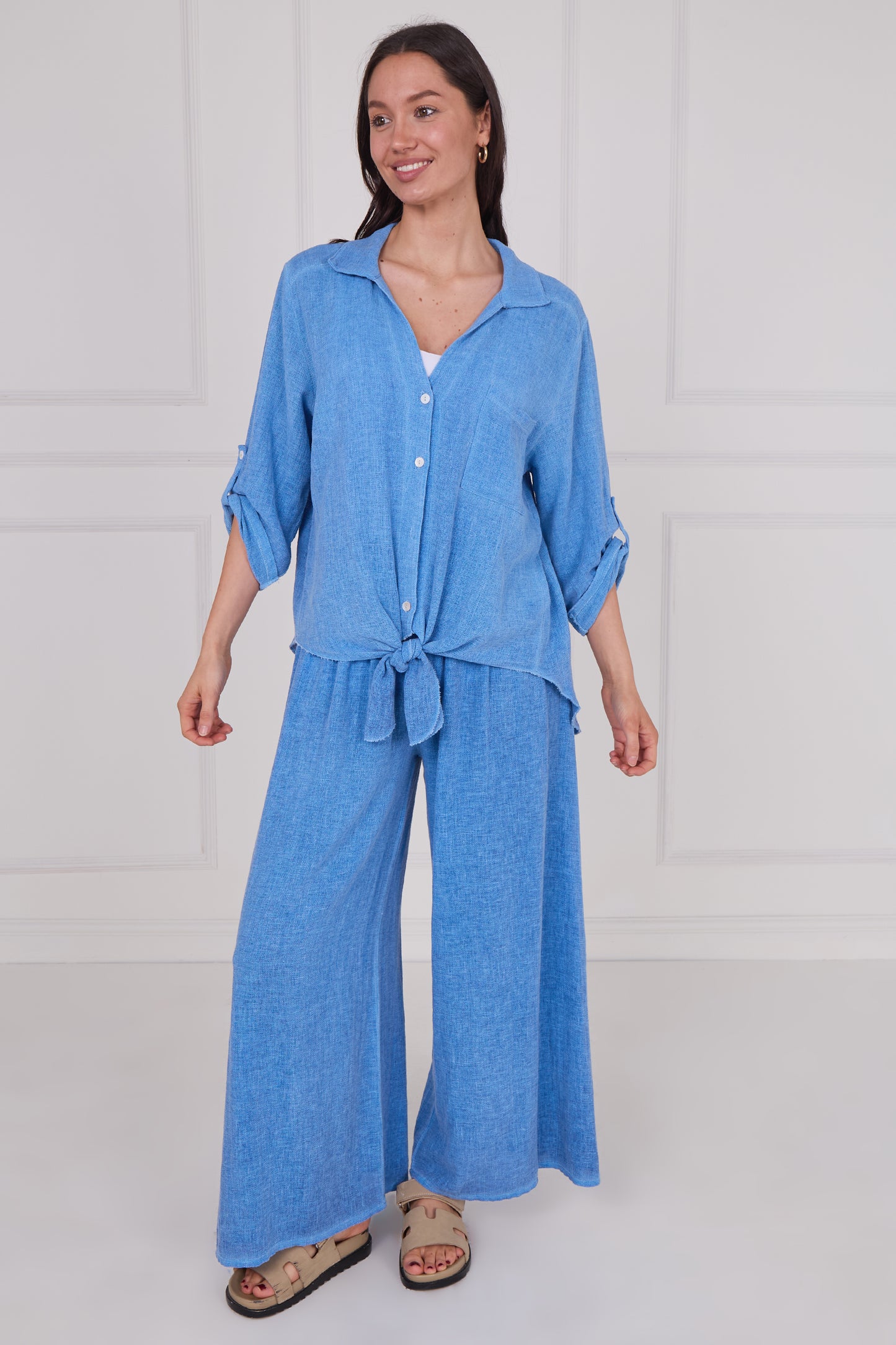 WASHED LINEN TIE FRONT BUTTONED SHIRT