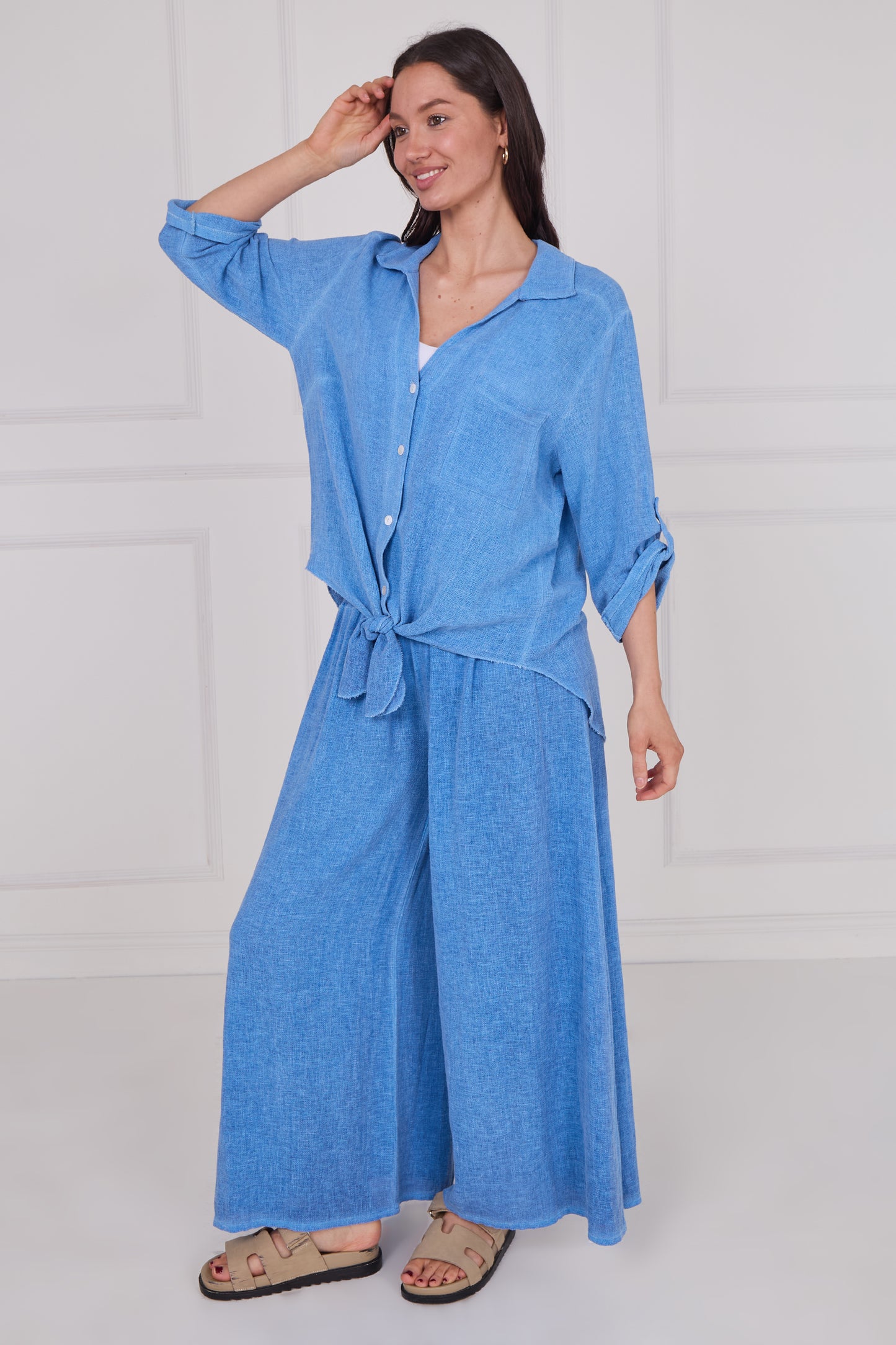 WASHED LINEN TIE FRONT BUTTONED SHIRT