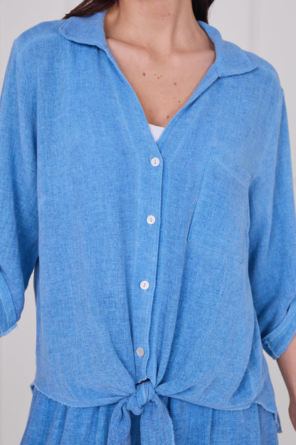 WASHED LINEN TIE FRONT BUTTONED SHIRT