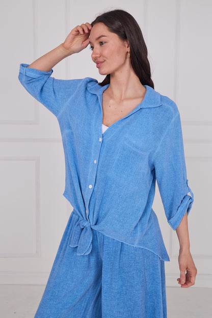 WASHED LINEN TIE FRONT BUTTONED SHIRT