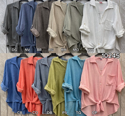 WASHED LINEN TIE FRONT BUTTONED SHIRT