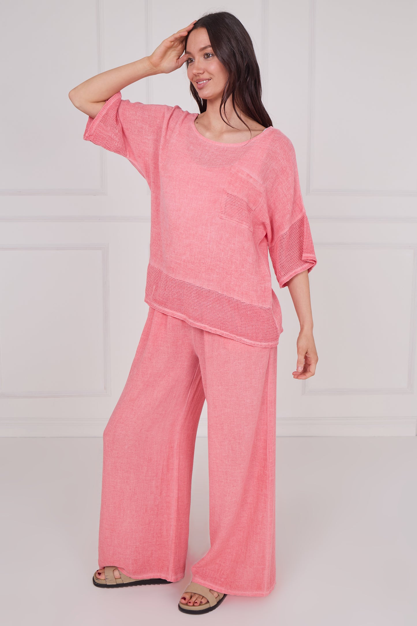 WASHED LINEN MESH POCKET TOP