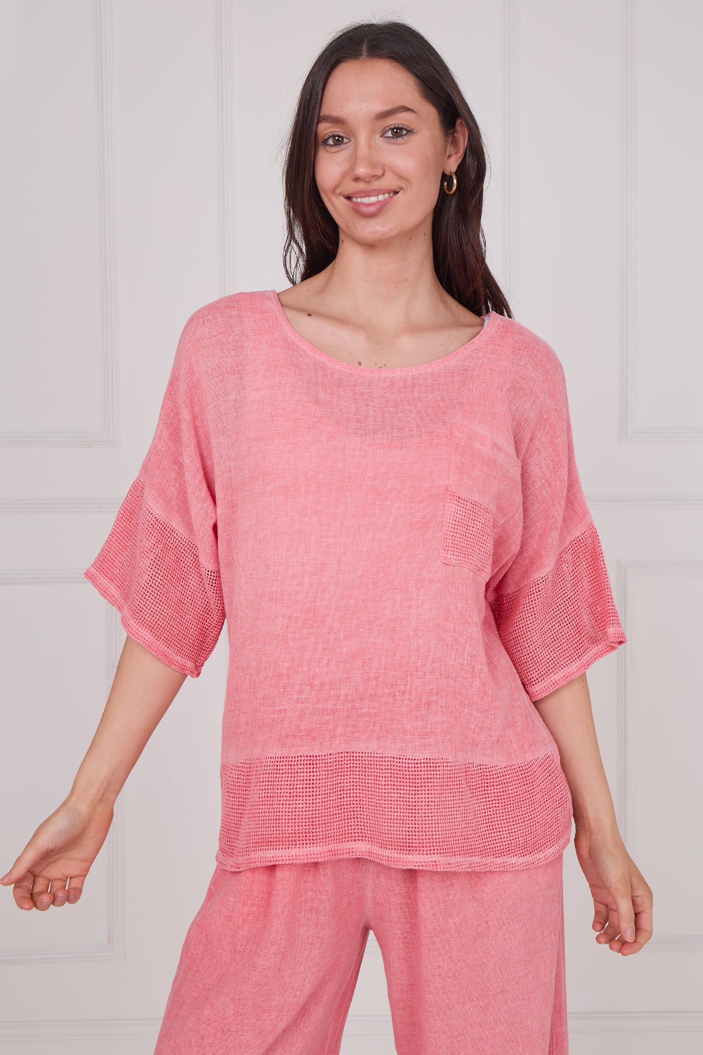 WASHED LINEN MESH POCKET TOP