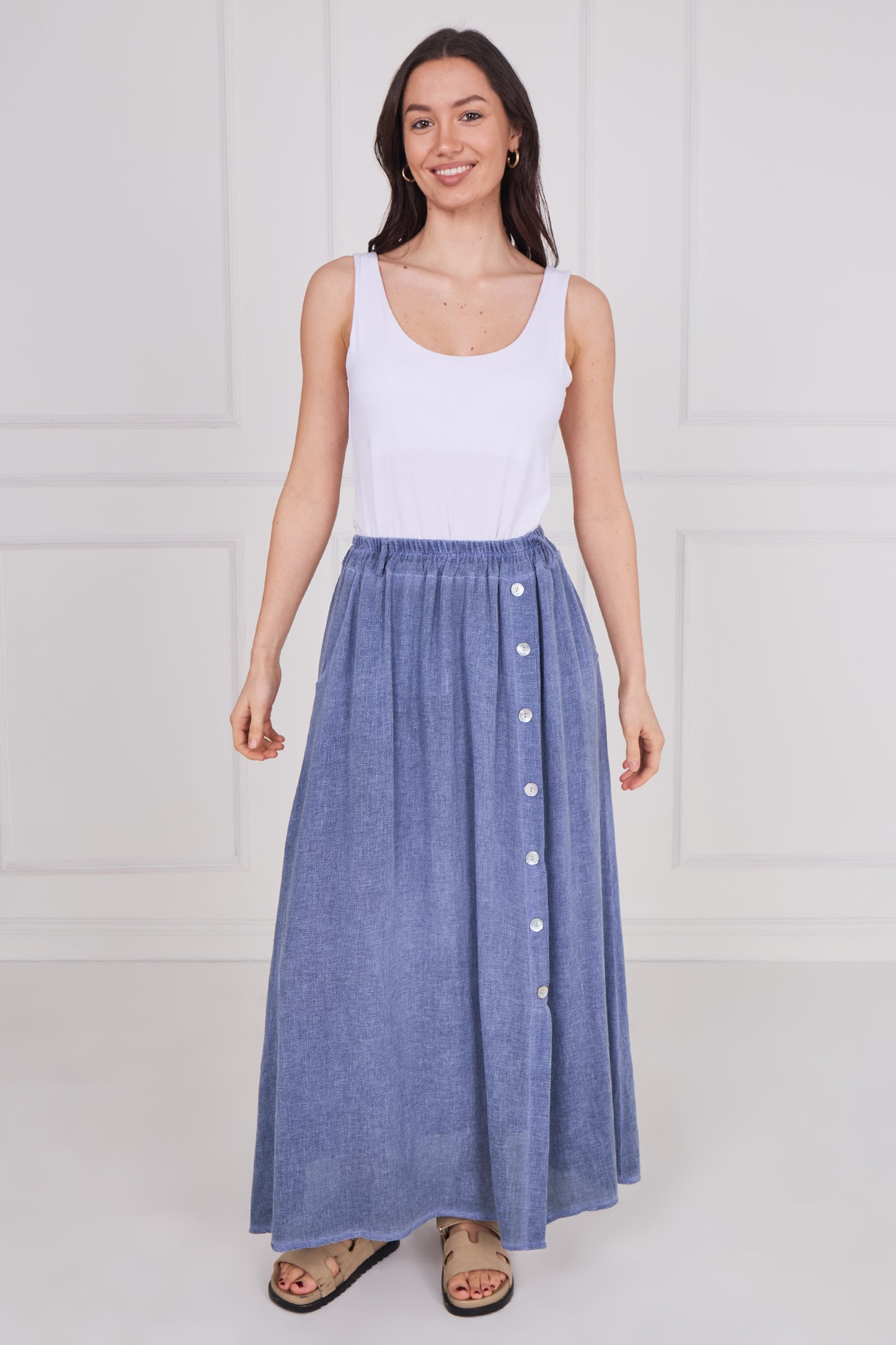 WASHED LINEN BUTTONED MAXI SKIRT