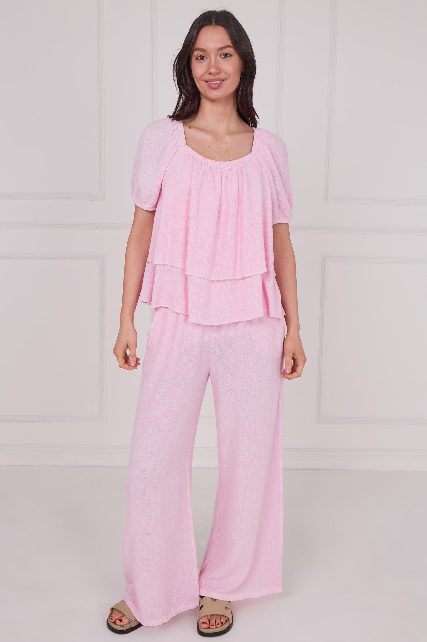 WASHED LINEN RUCHED TIERED TOP