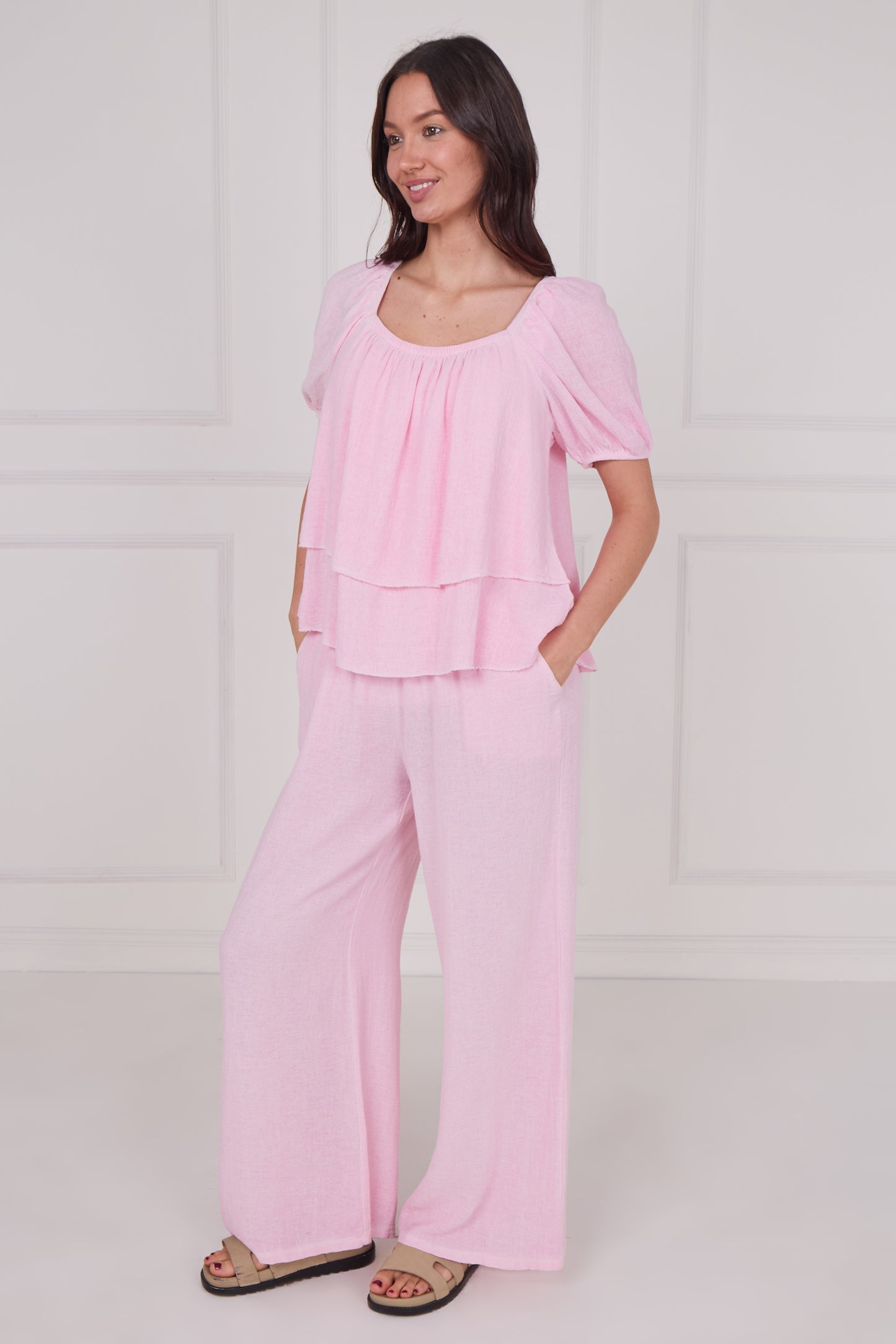 WASHED LINEN RUCHED TIERED TOP