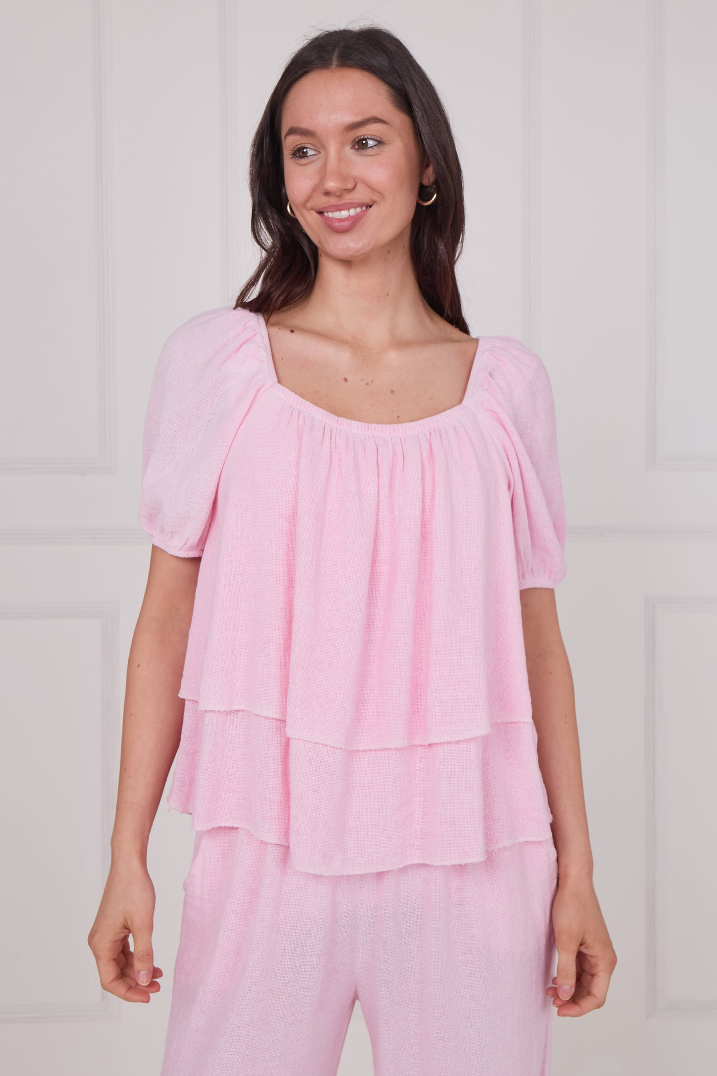 WASHED LINEN RUCHED TIERED TOP