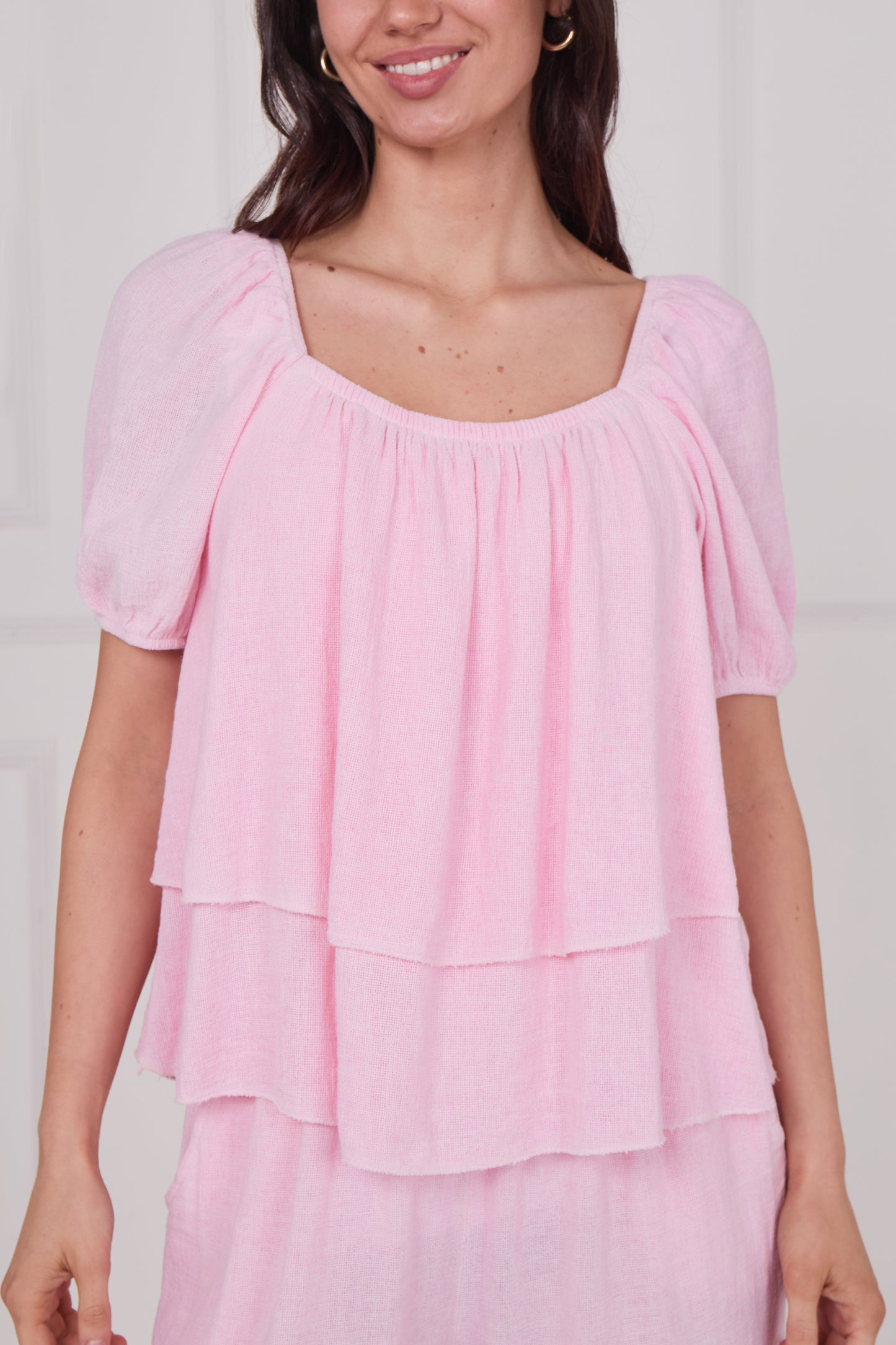 WASHED LINEN RUCHED TIERED TOP
