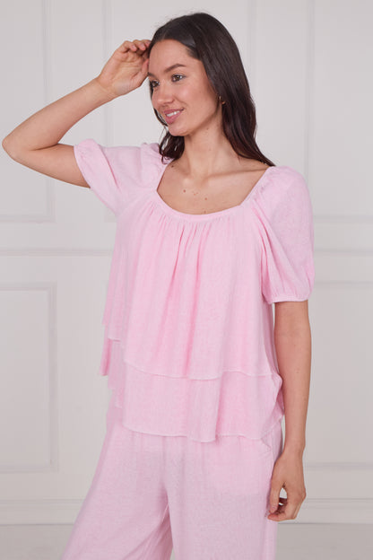 WASHED LINEN RUCHED TIERED TOP