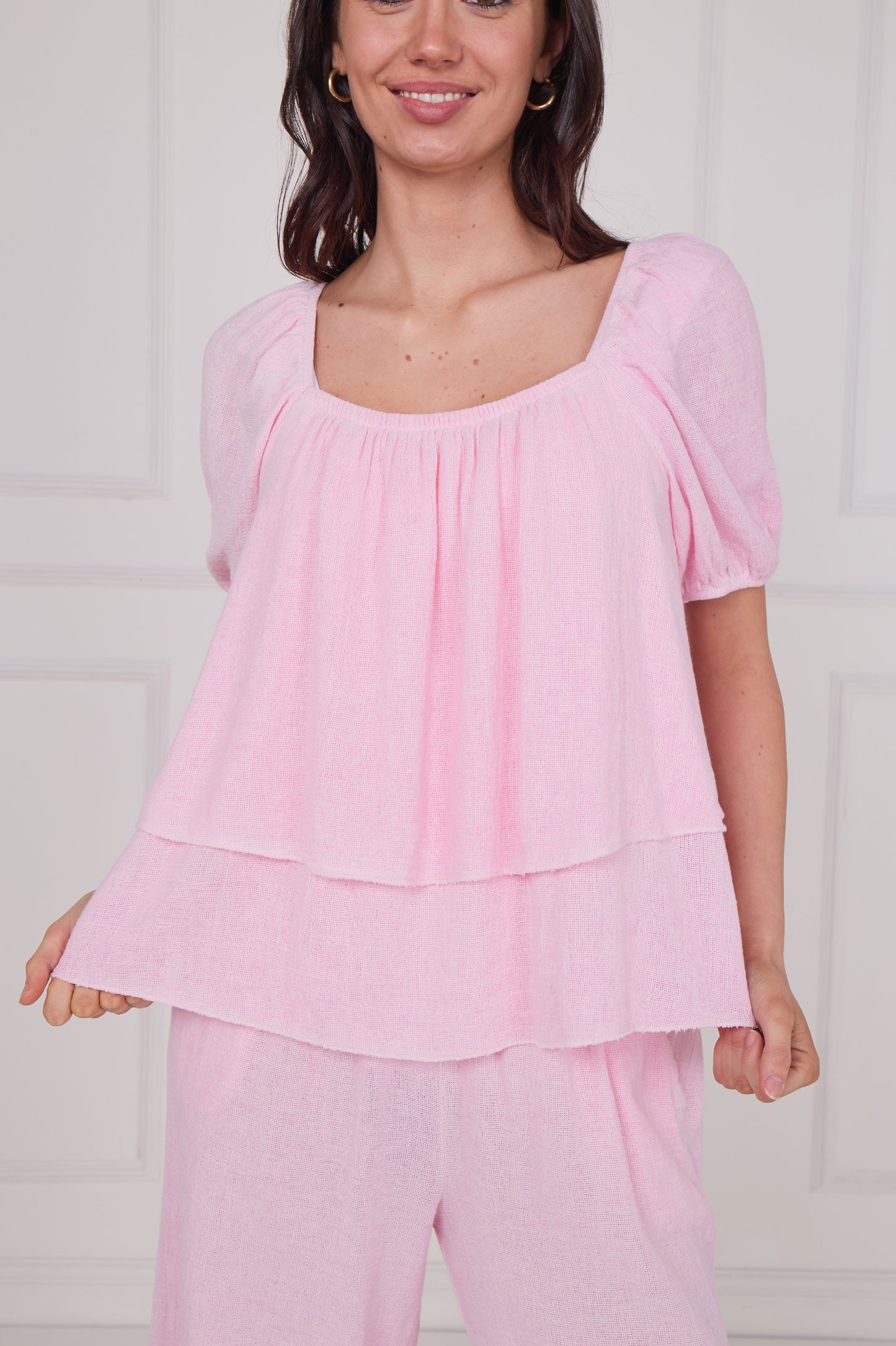 WASHED LINEN RUCHED TIERED TOP