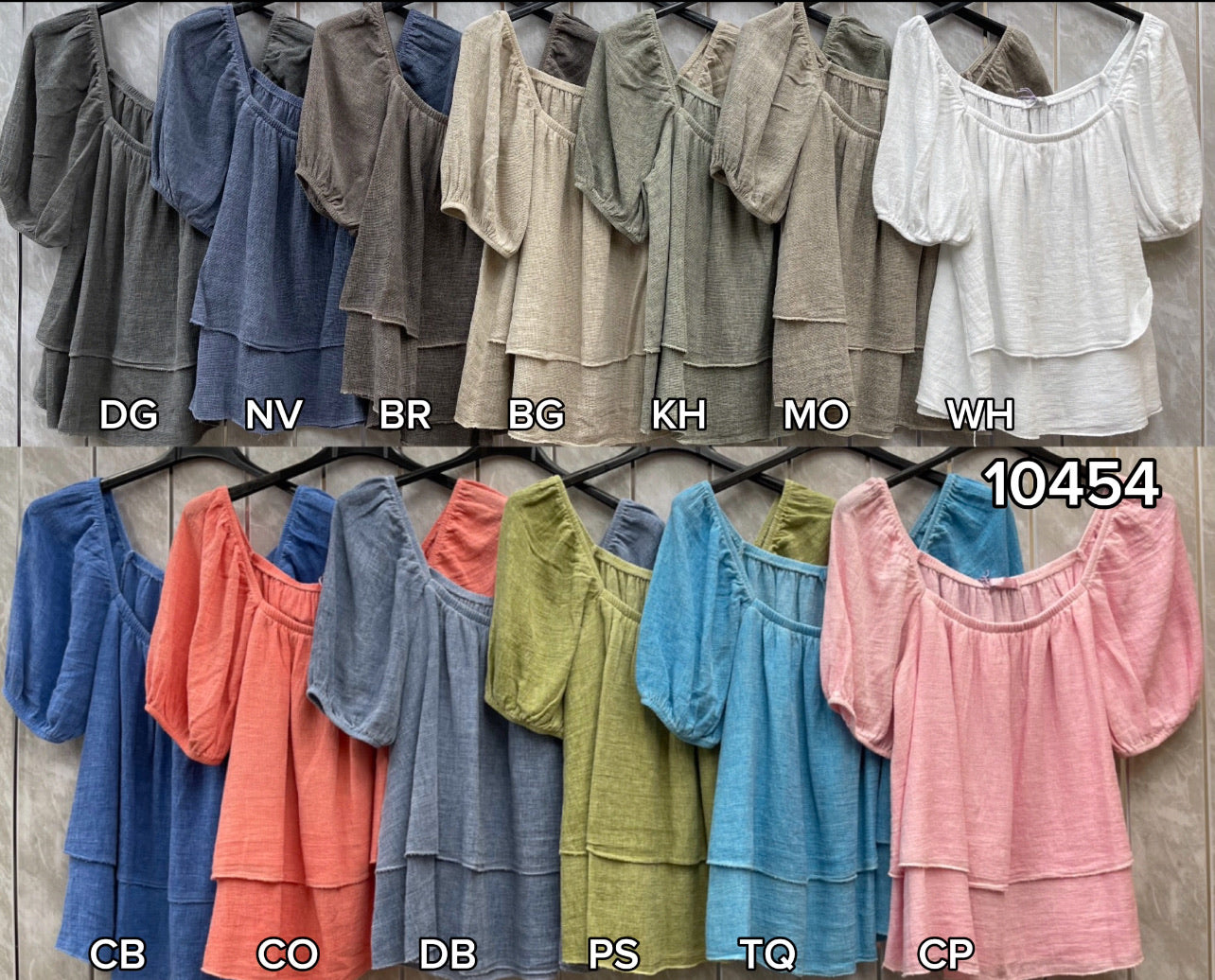 WASHED LINEN RUCHED TIERED TOP