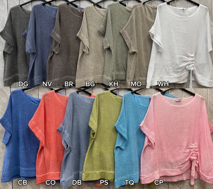 WASHED LINEN MESH RUCHED TOP
