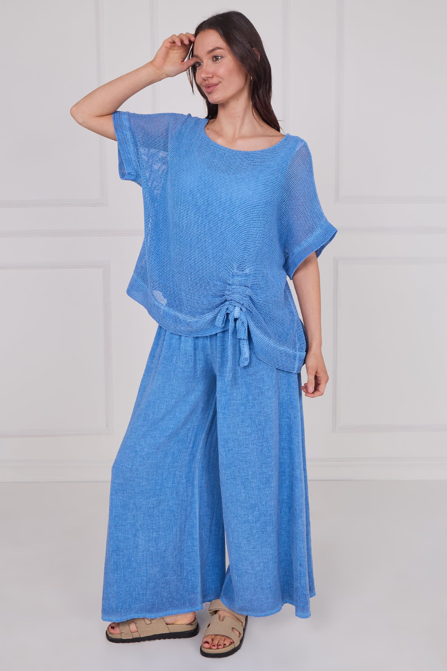 WASHED LINEN MESH RUCHED TOP