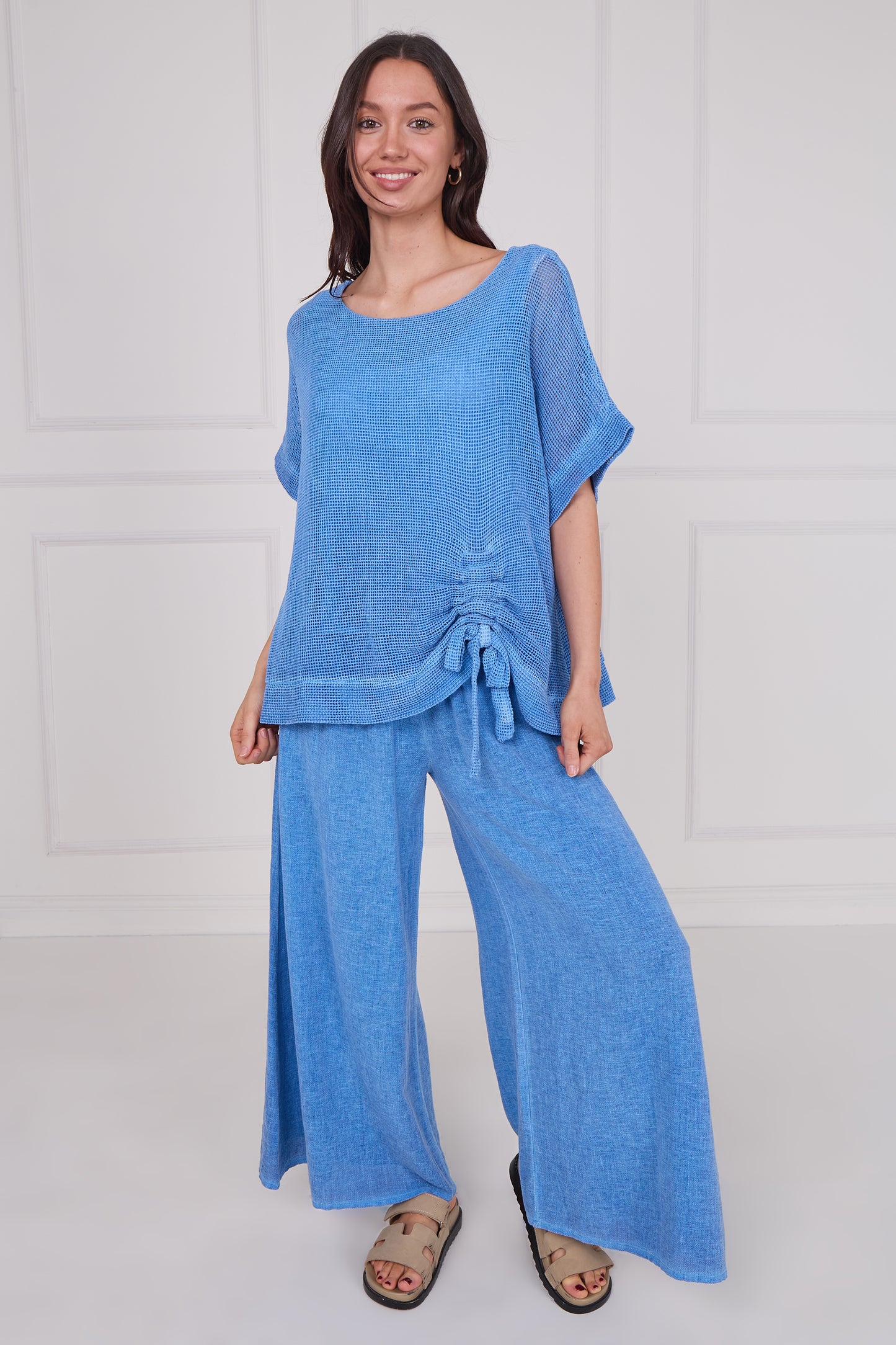 WASHED LINEN MESH RUCHED TOP