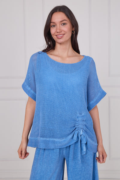 WASHED LINEN MESH RUCHED TOP