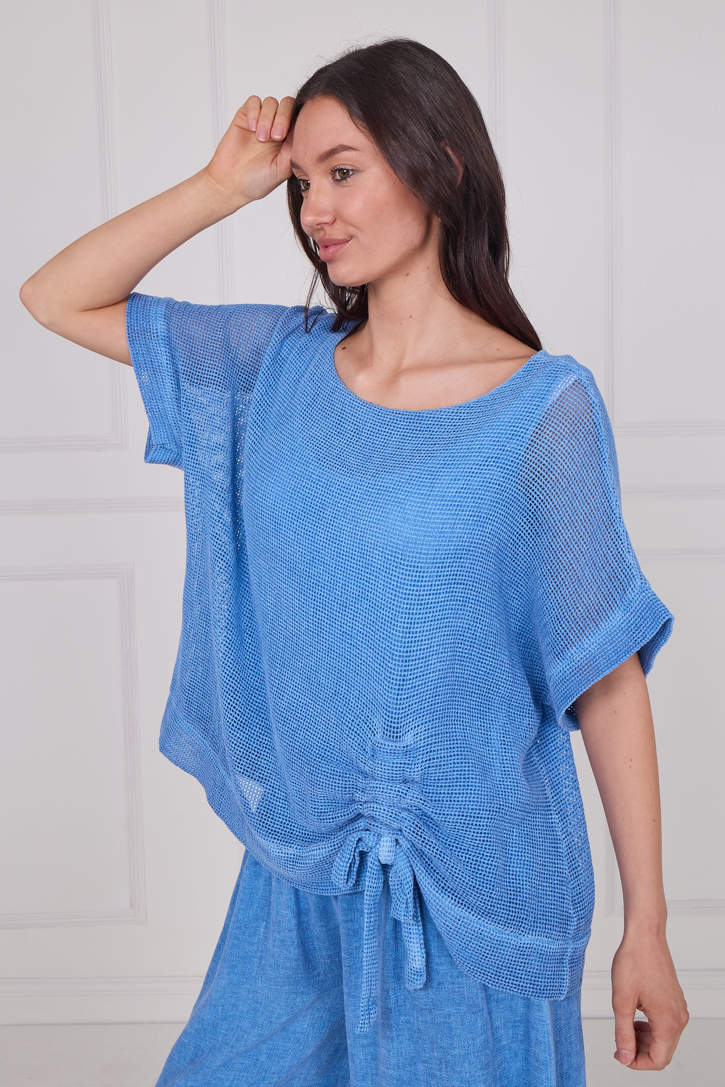 WASHED LINEN MESH RUCHED TOP