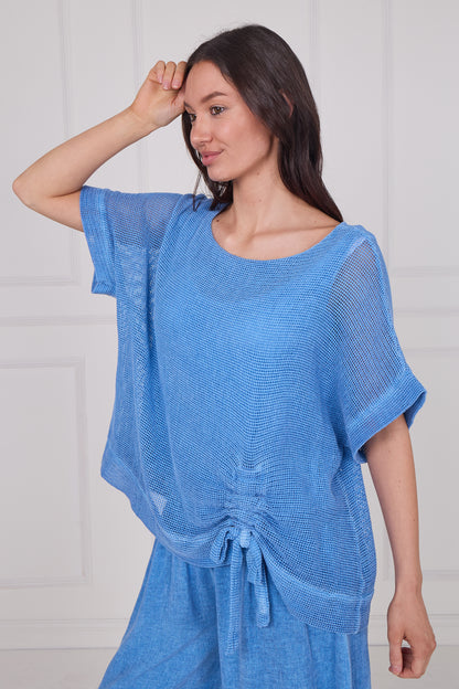WASHED LINEN MESH RUCHED TOP