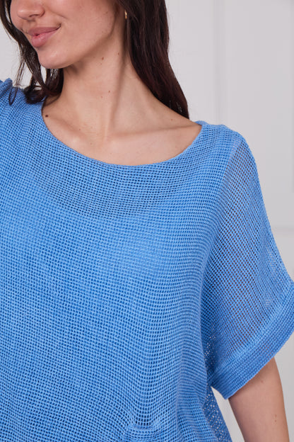 WASHED LINEN MESH RUCHED TOP