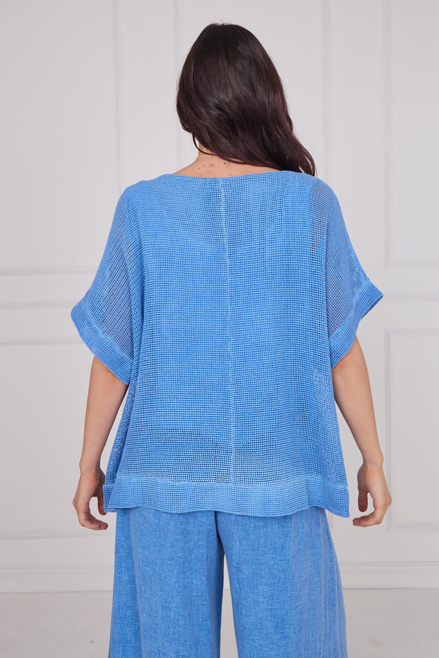 WASHED LINEN MESH RUCHED TOP