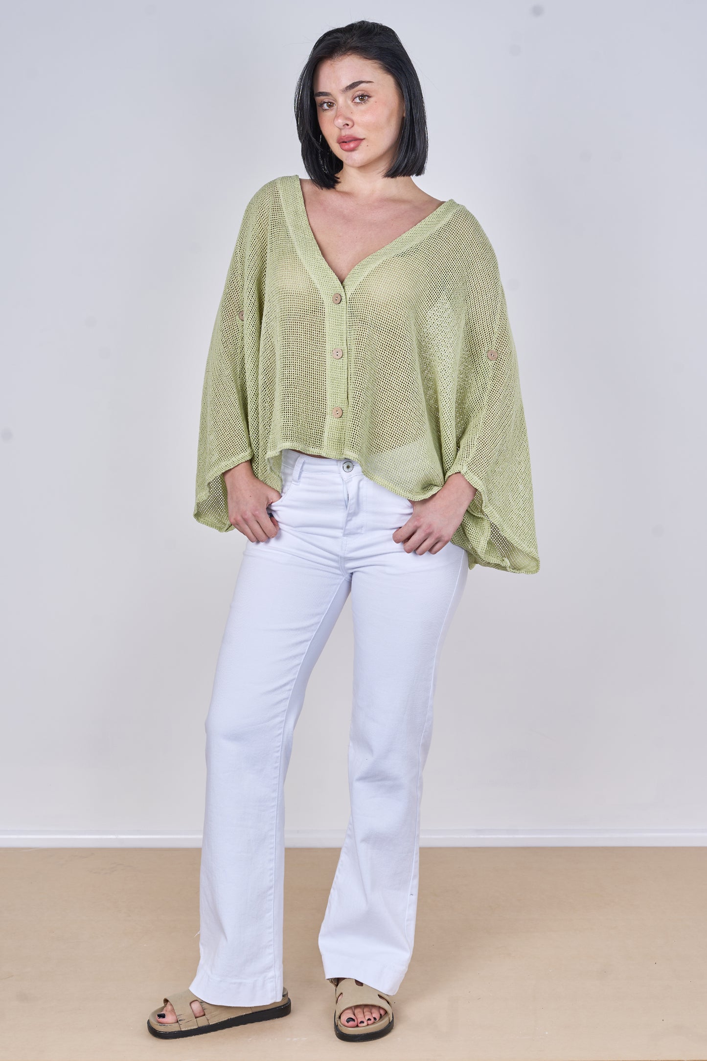 WASHED LINEN MESH BUTTON CARDIGAN