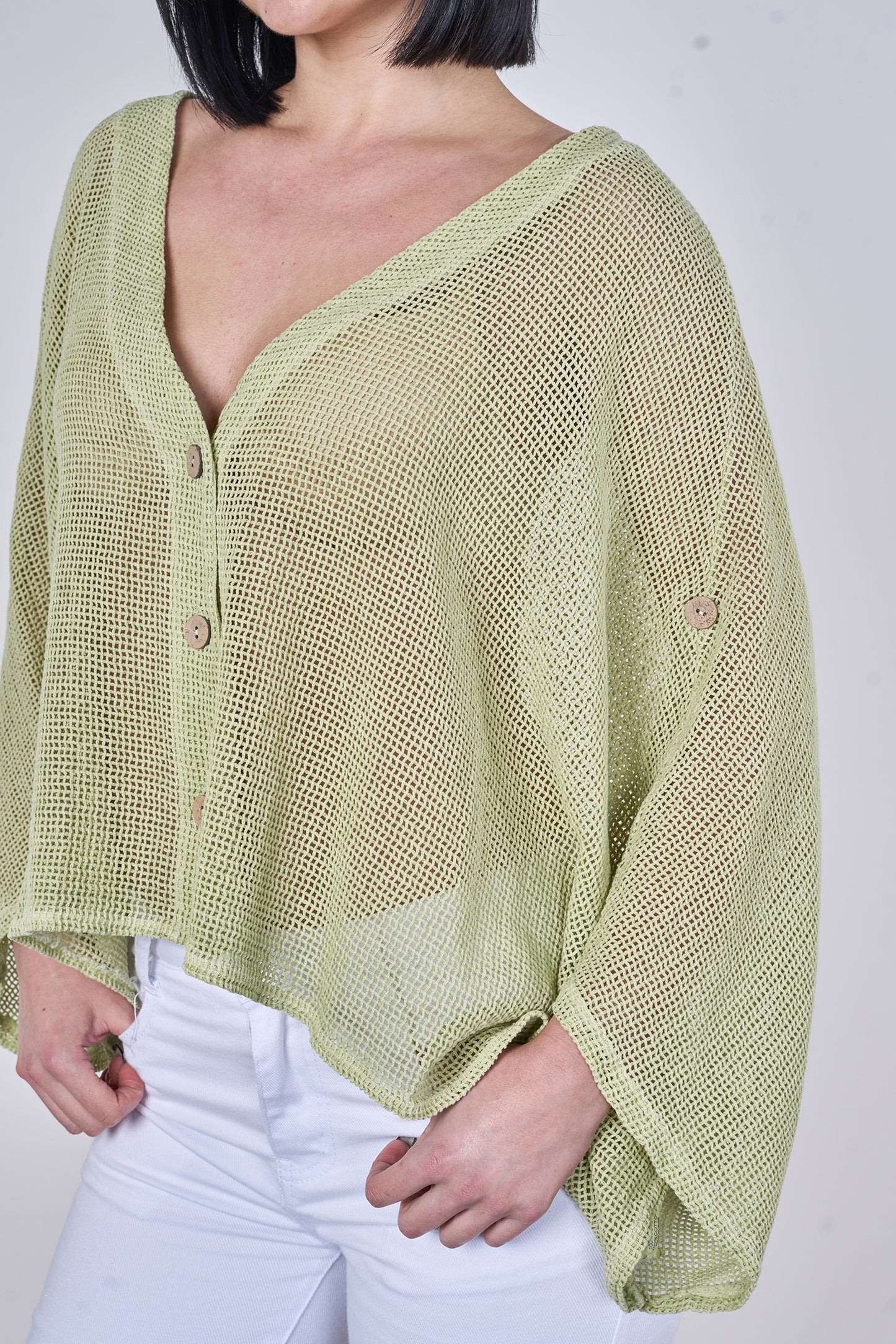 WASHED LINEN MESH BUTTON CARDIGAN