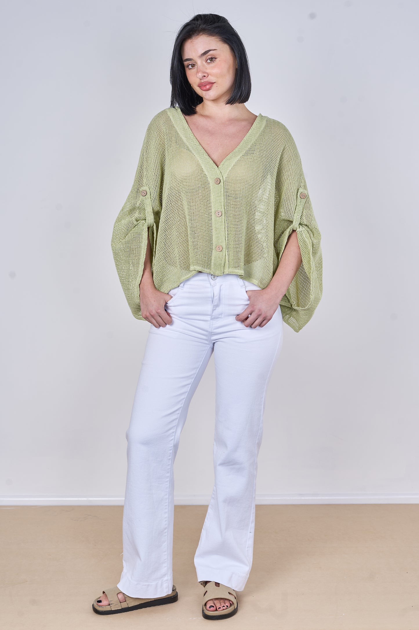 WASHED LINEN MESH BUTTON CARDIGAN