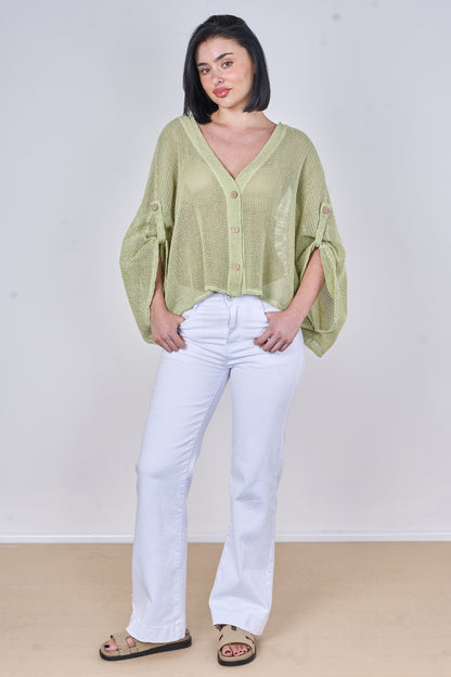 WASHED LINEN MESH BUTTON CARDIGAN
