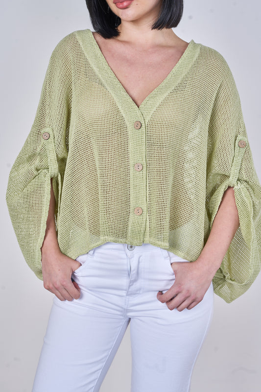 WASHED LINEN MESH BUTTON CARDIGAN