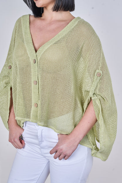 WASHED LINEN MESH BUTTON CARDIGAN