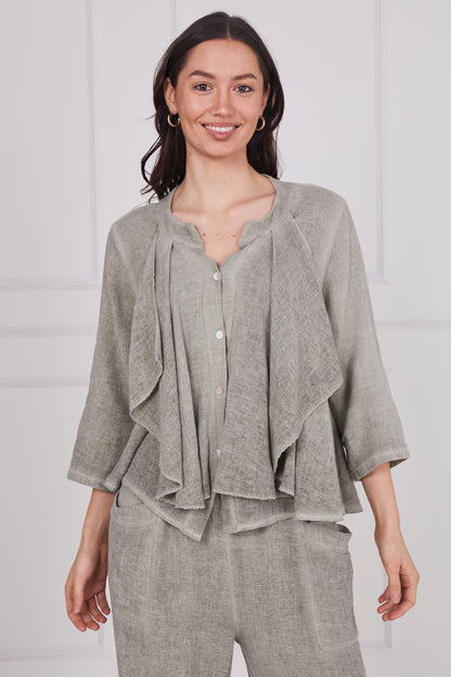 WASHED LINEN LONG SLEEVE RUFFLE TOP