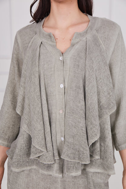 WASHED LINEN LONG SLEEVE RUFFLE TOP