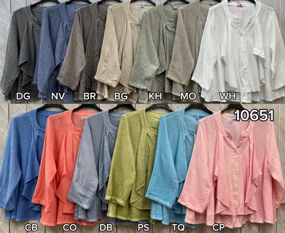 WASHED LINEN LONG SLEEVE RUFFLE TOP