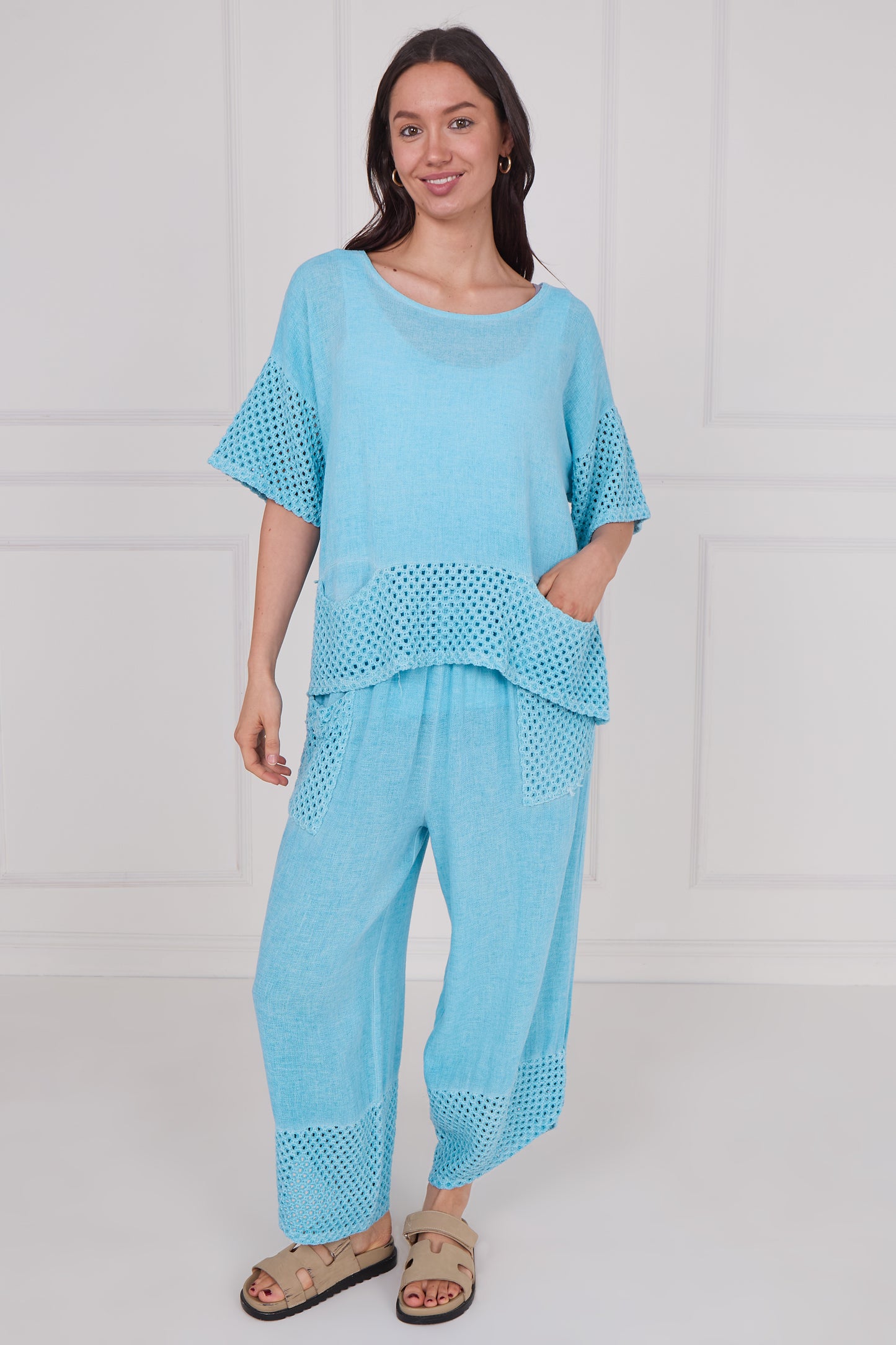 WASHED LINEN MESH POCKETS TOP