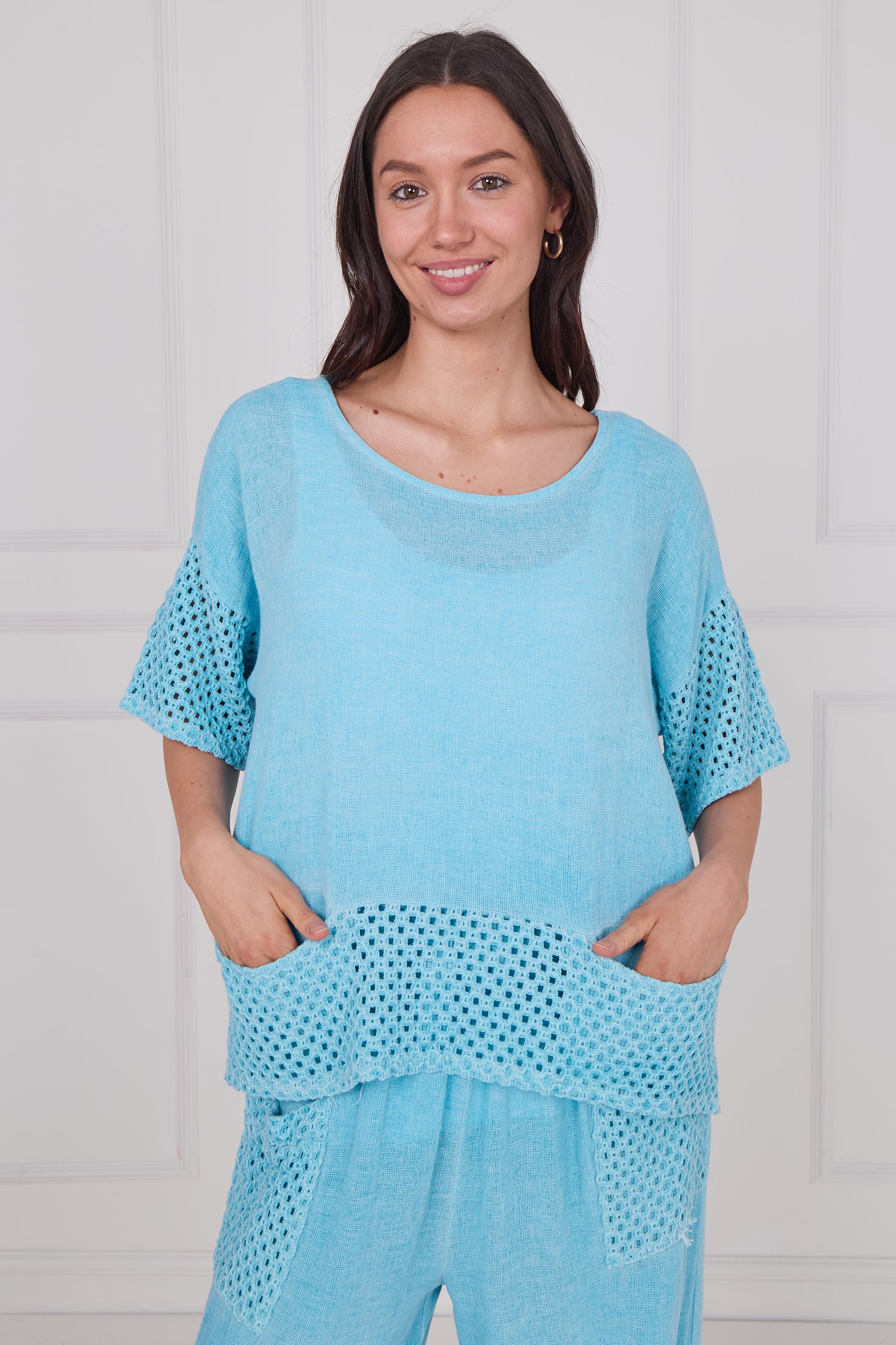 WASHED LINEN MESH POCKETS TOP