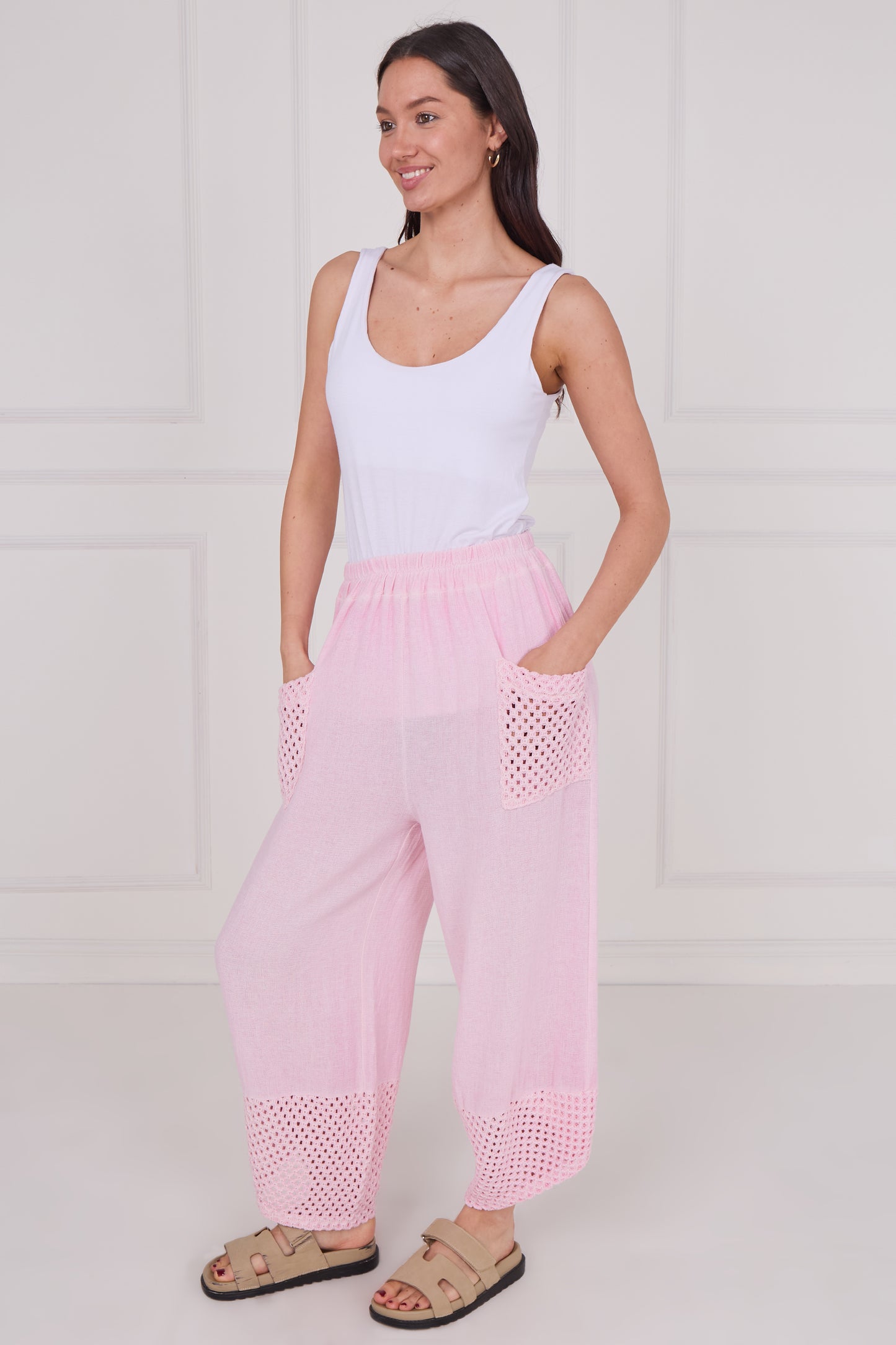 WASHED LINEN MESH POCKET TROUSERS