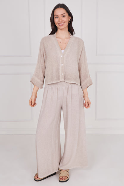 WASHED LINEN LONG SLEEVE BUTTONED V-NECK TOP