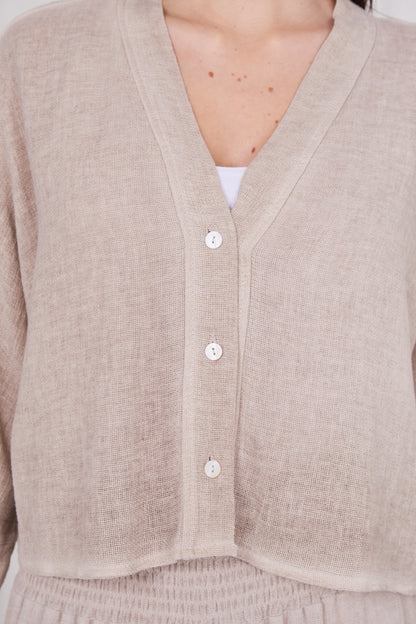WASHED LINEN LONG SLEEVE BUTTONED V-NECK TOP