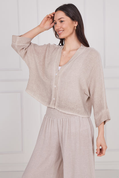 WASHED LINEN LONG SLEEVE BUTTONED V-NECK TOP