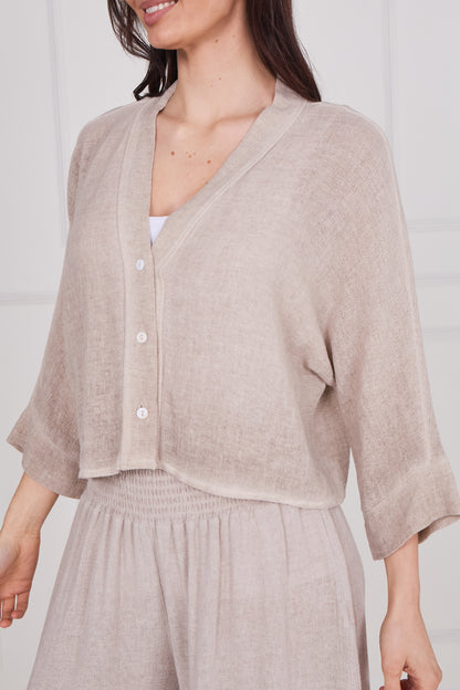 WASHED LINEN LONG SLEEVE BUTTONED V-NECK TOP