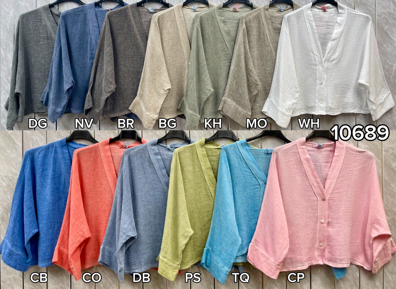 WASHED LINEN LONG SLEEVE BUTTONED V-NECK TOP