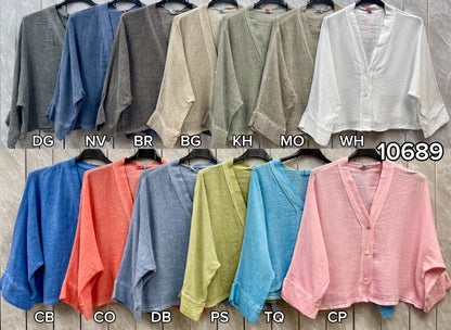 WASHED LINEN LONG SLEEVE BUTTONED V-NECK TOP