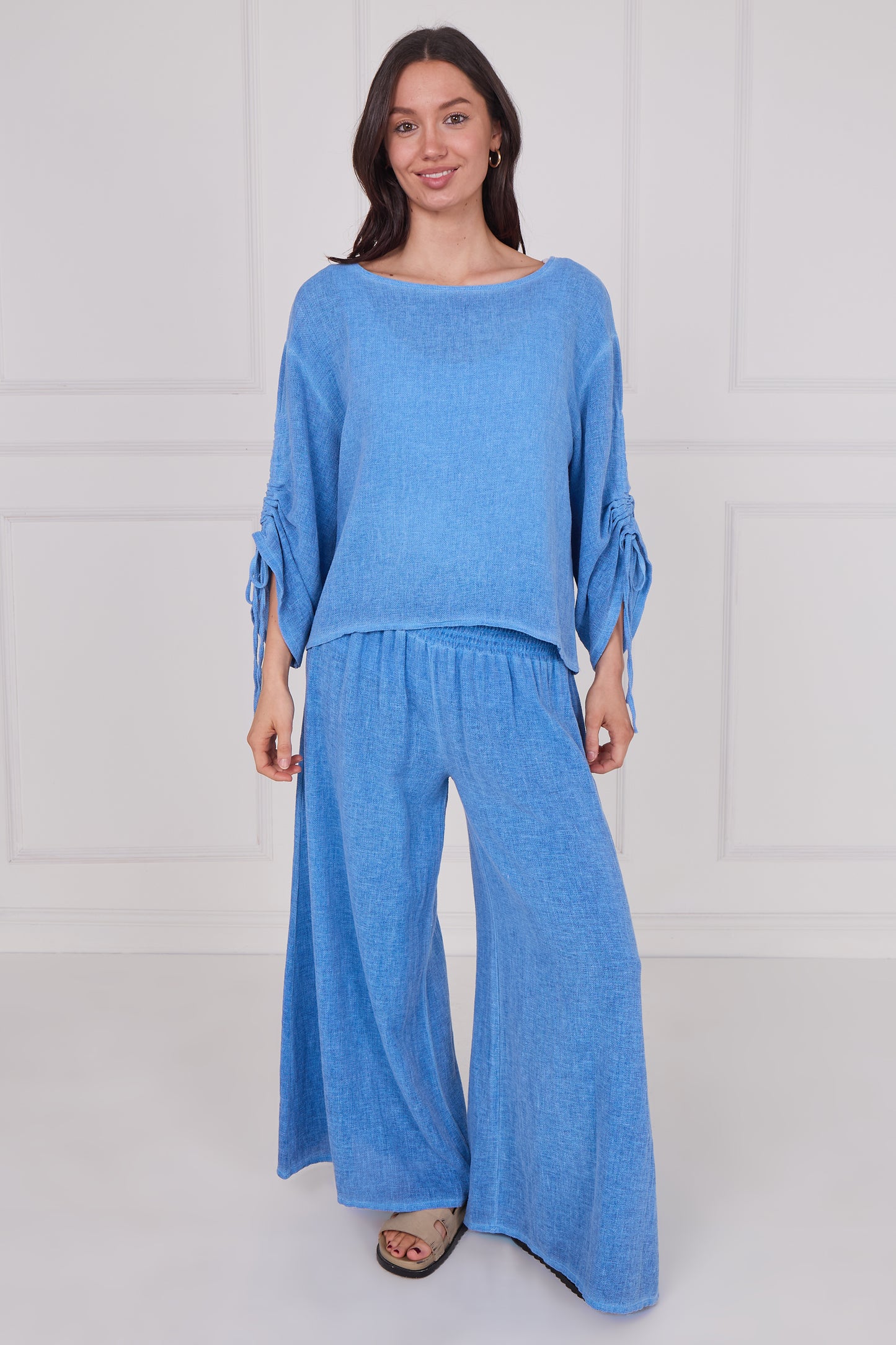 WASHED LINEN RUCHED TIE SLEEVE  TOP