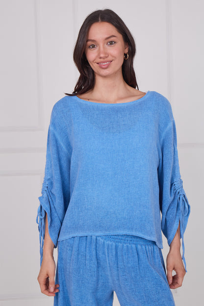 WASHED LINEN RUCHED TIE SLEEVE  TOP