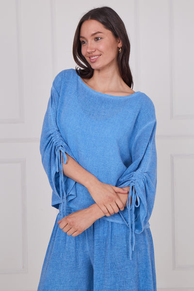WASHED LINEN RUCHED TIE SLEEVE  TOP