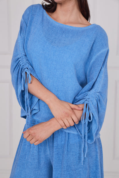 WASHED LINEN RUCHED TIE SLEEVE  TOP