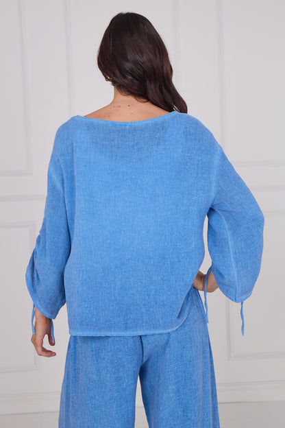 WASHED LINEN RUCHED TIE SLEEVE  TOP