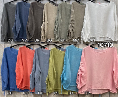 WASHED LINEN RUCHED TIE SLEEVE  TOP